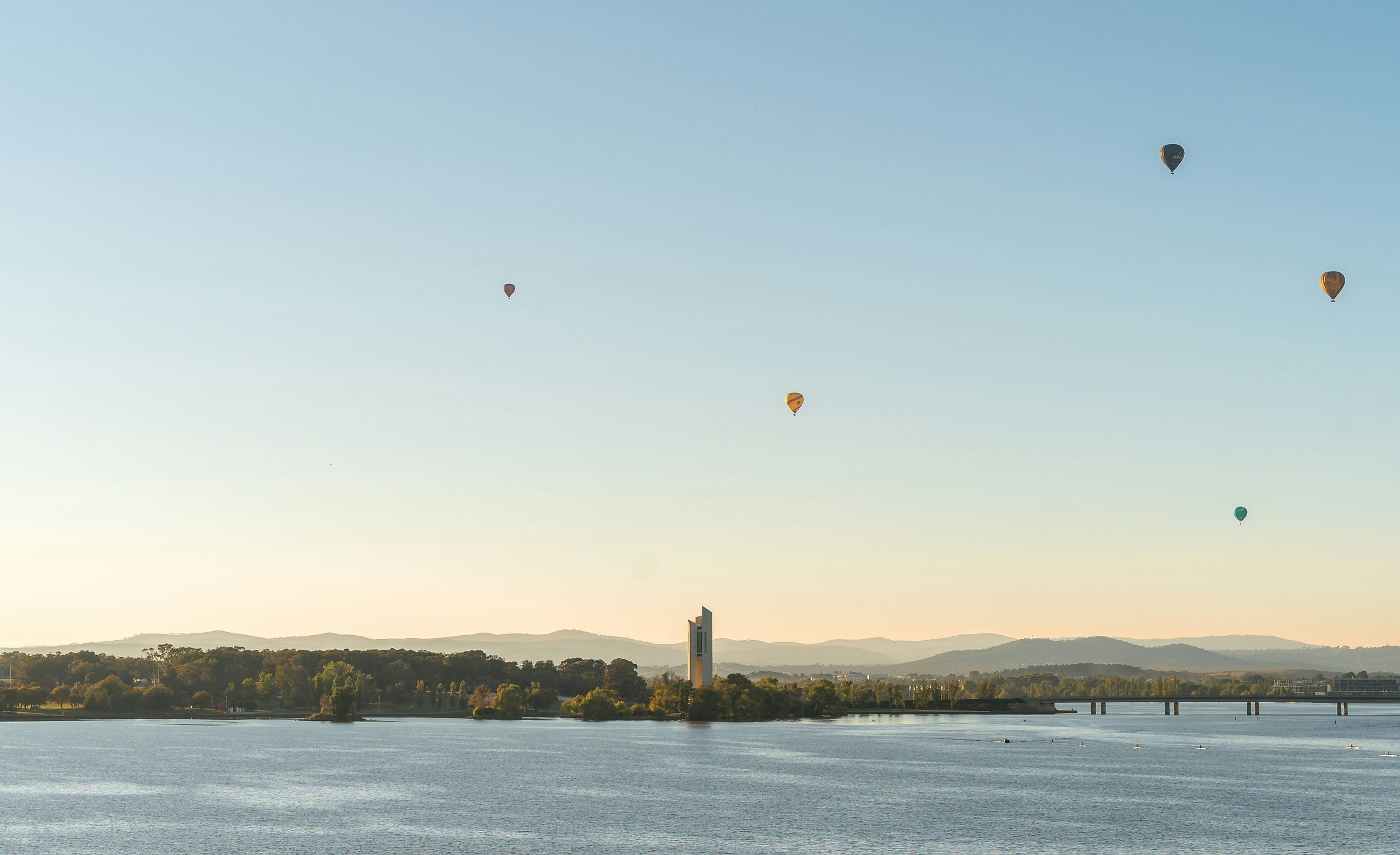 Hot air balloons over Lake Burley Griffin