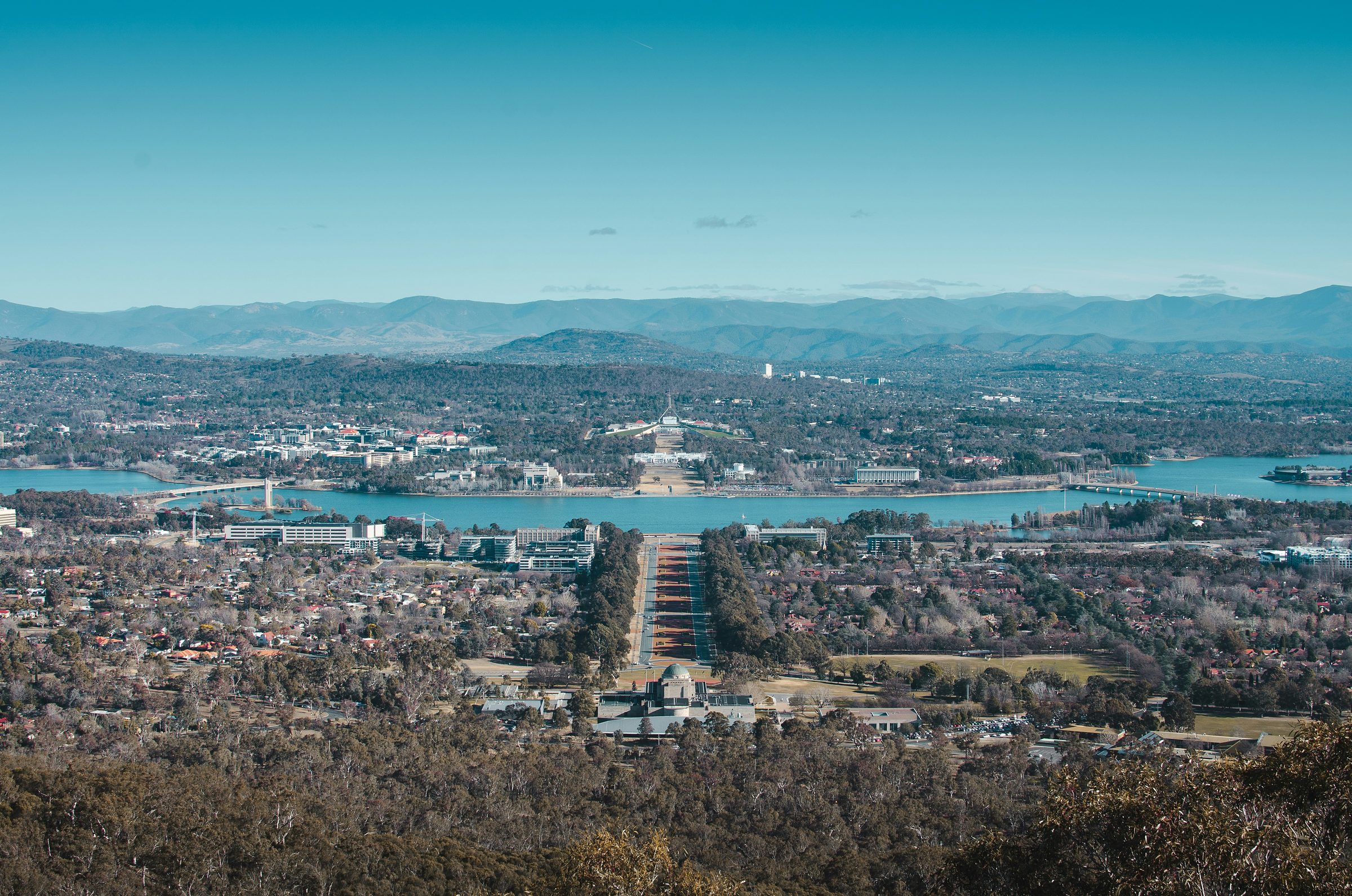 Canberra from Mount Ainslie, looking down Anzac Parade to Lake Burley Griffin